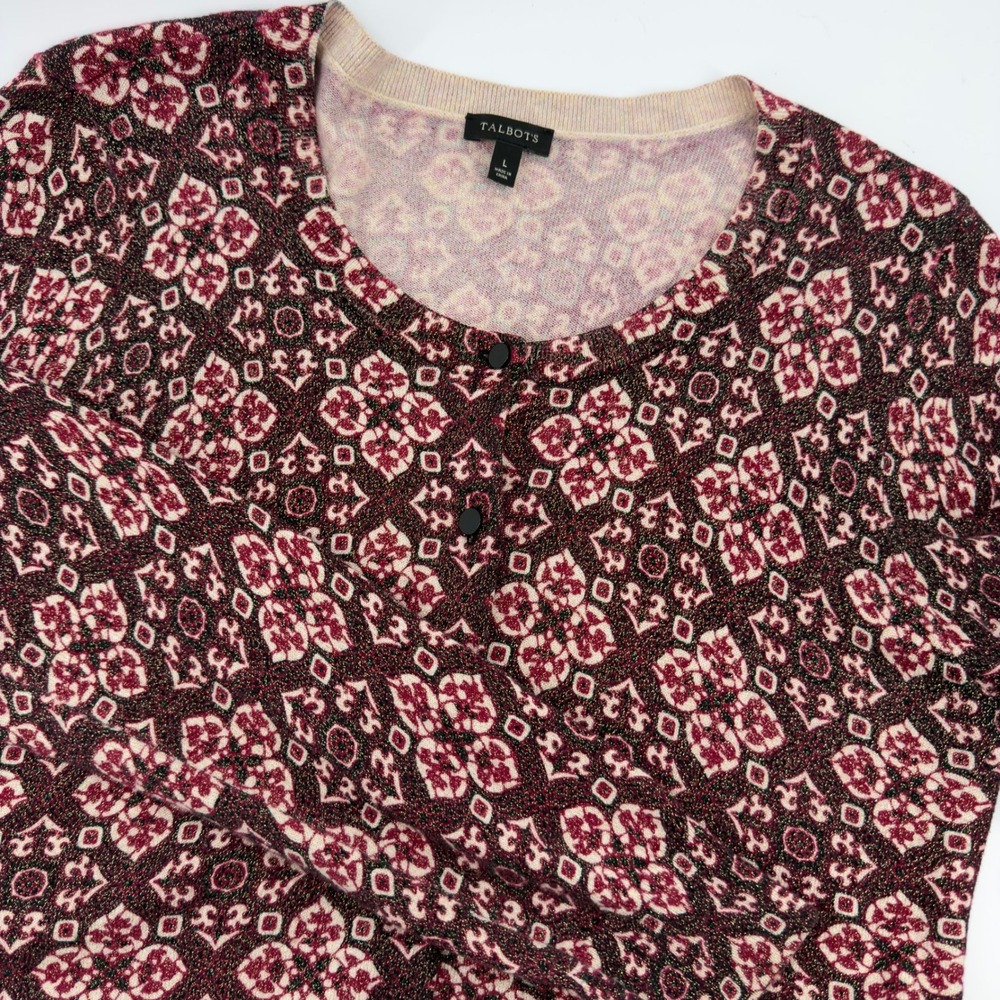 Talbots Womens Cardigan Sweater Burgundy Floral Print‎ Size L